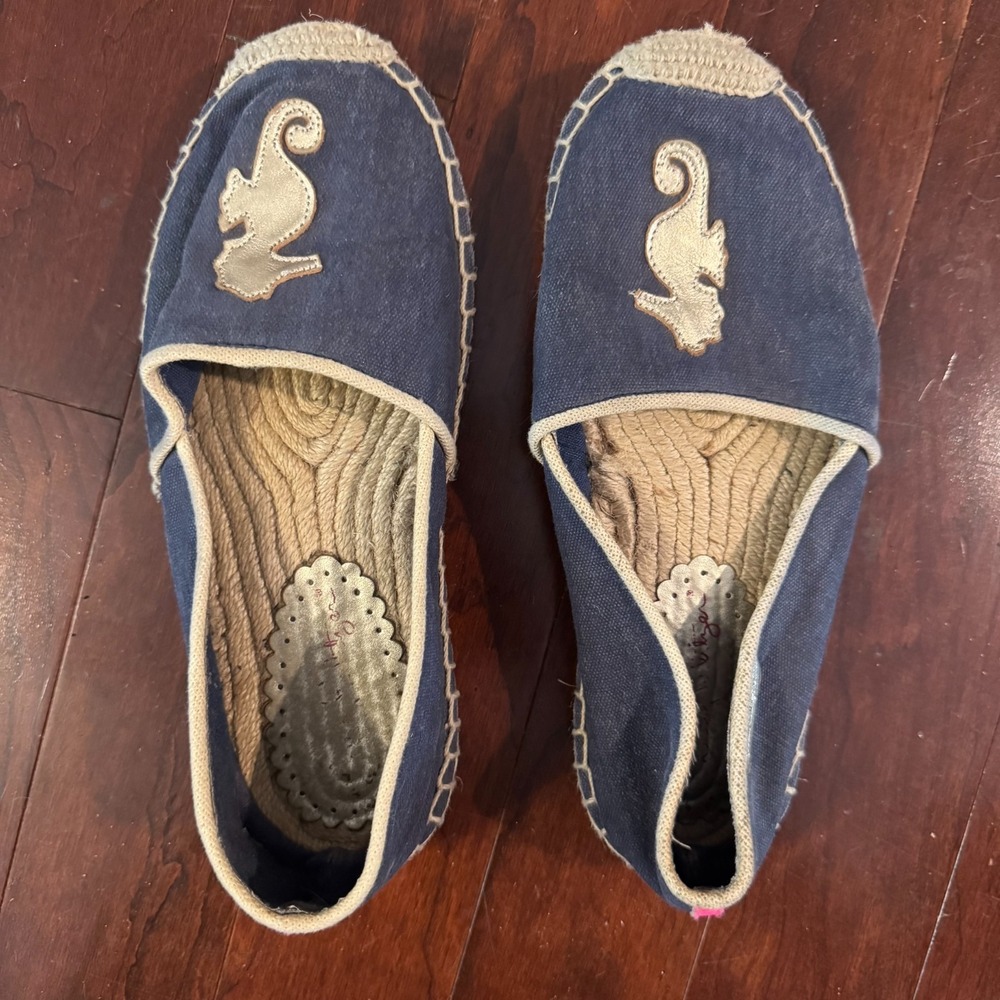 Lilly Pulitzer Lia Espadrille Flats Navy Blue Gold Seahorse Canvas Slip-On 8